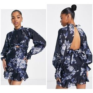 ASOS DESIGN voile mini dress knot front detail navy rose print Sz 2 NWT